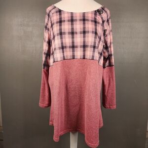 Reborn Women's Tunic Size 3X  Long Sleeve Blush/Black Heather‎ Accent Button